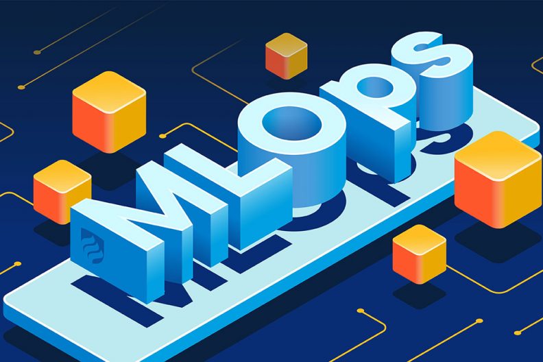 一幅用蓝色3d方框字母写着“ML Ops”的插图。ML Ops是一个高效部署机器学习的系统。