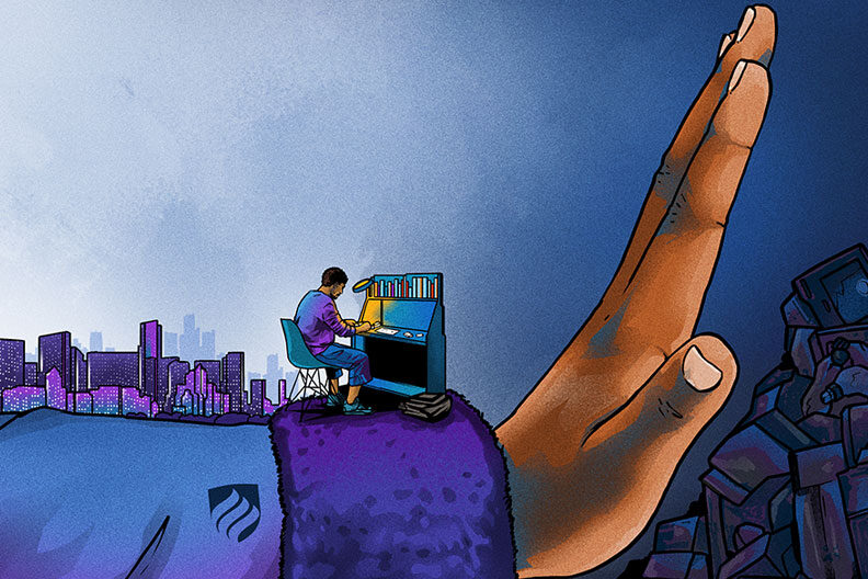 用手推垃圾的插画，展示参加环保活动的学生。